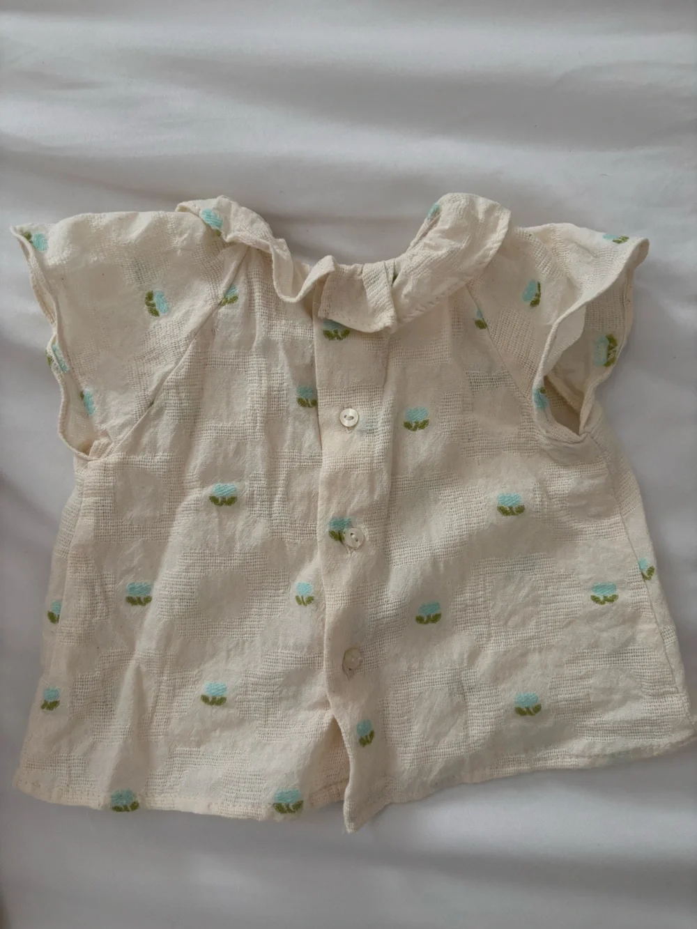 Zara Cream Ruffle Collar Two-Piece Set with Green and Blue Flower Dots